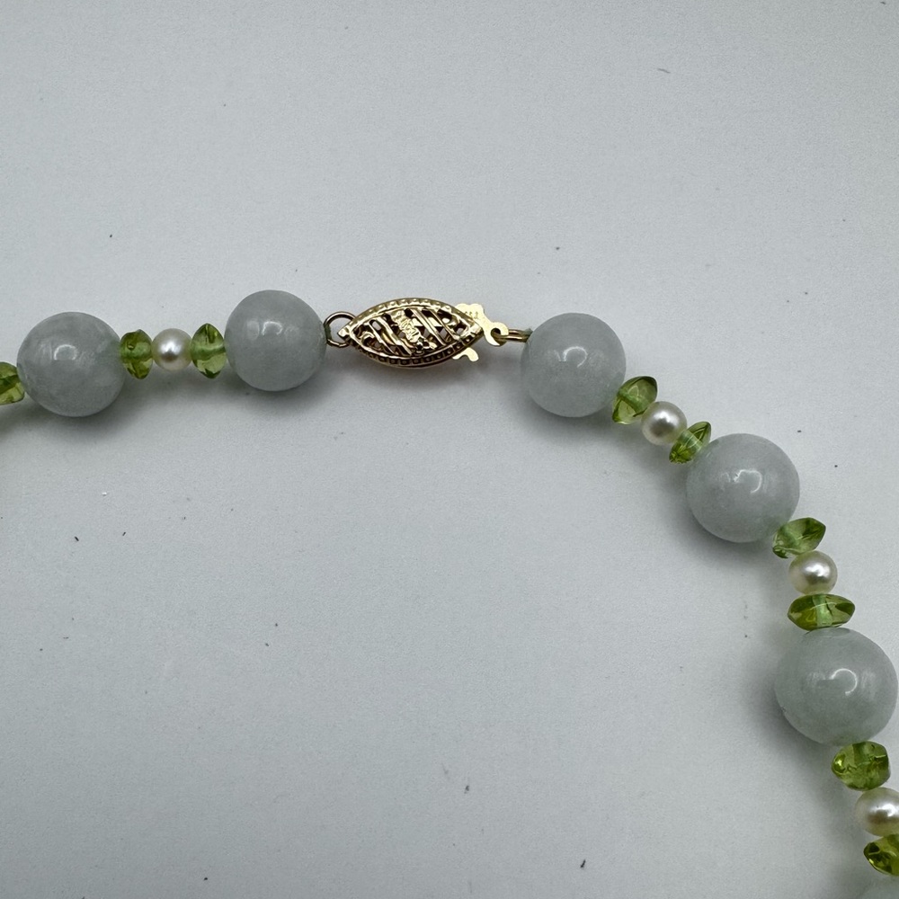 Gold Stone Jewelry Jade Pearl Peridot 14k Clasp Beaded Strand Necklace G.S.J. - Picture 3 of 12